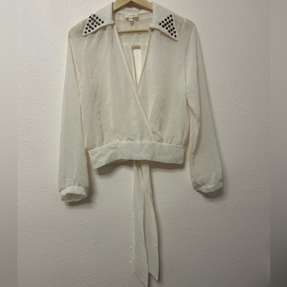 Lush White Sheer Wrap Blouse with Embellished Collar
